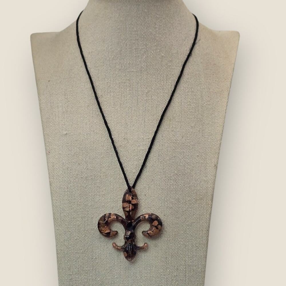 Fleur-de-Lis Brown Mosaic Pendant Necklace - Copper and Black Accents